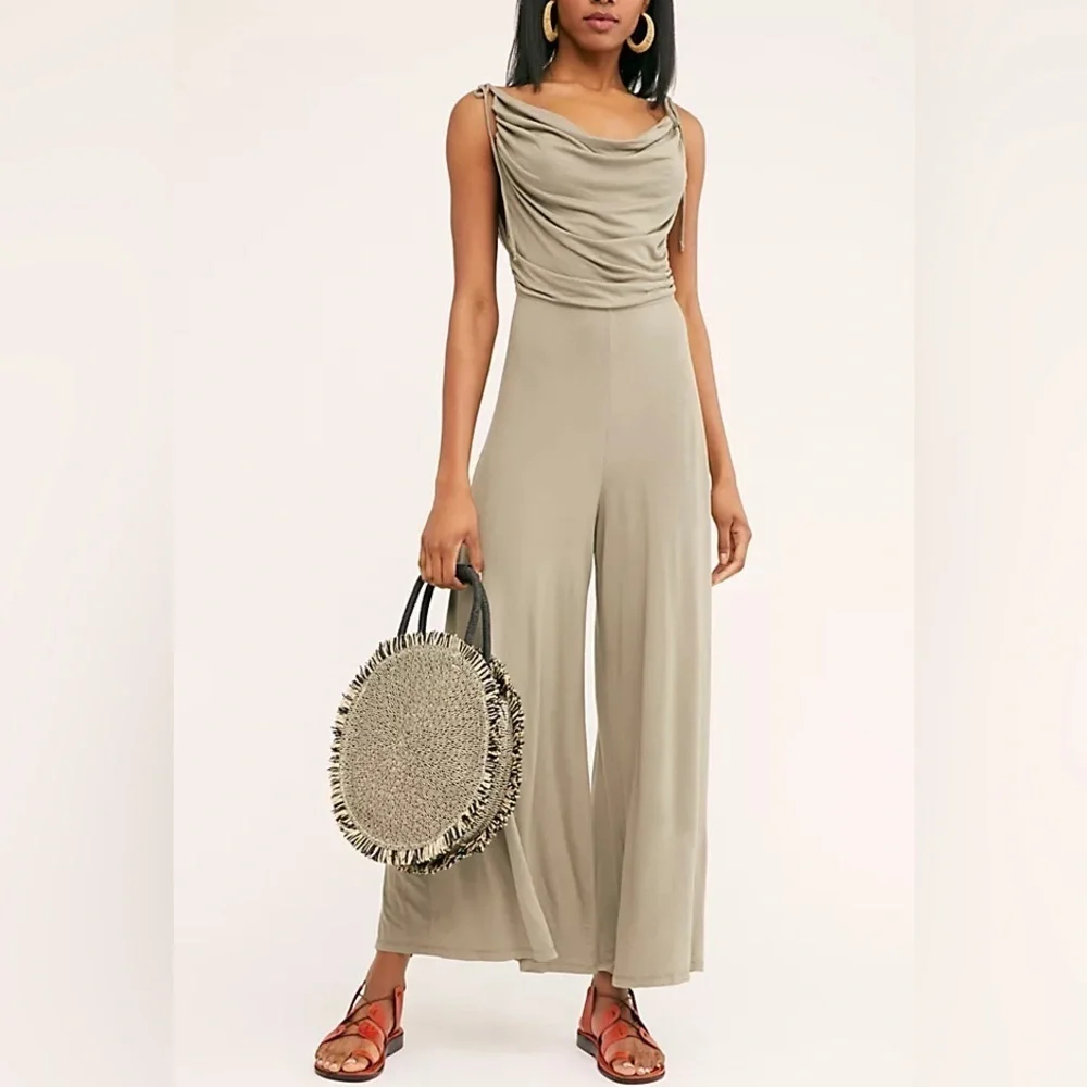 FP Beach SZ XS Terracotta Boho Slinky Tie Straps Cowl Neck All Day Long Jumpsuit